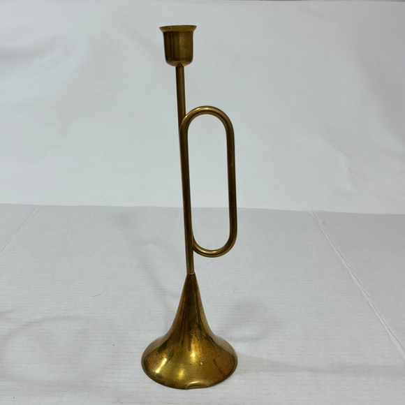 Vtg Brass Candlestick Taper Candle Holder Bugle Horn Christmas Holliday India - Picture 1 of 12